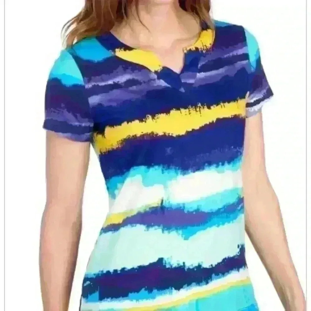 ANNE KLEIN SPORT 2for 1 Watercolor Stripe Split Neck Tee AND purple splash - Picture 2 of 13